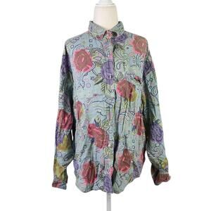 Vintage 90s Punch blue and pink rose floral button down top L